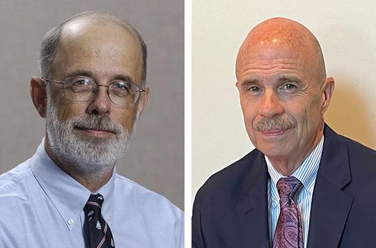 headshots of two men, one wearing coat and tie, other wearing tie